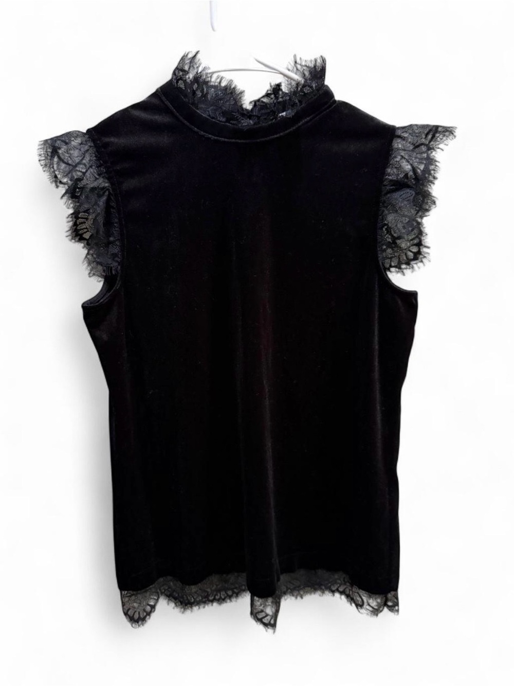 Rose + Olive Goth Black Velvet With Lace Trim Blouse
